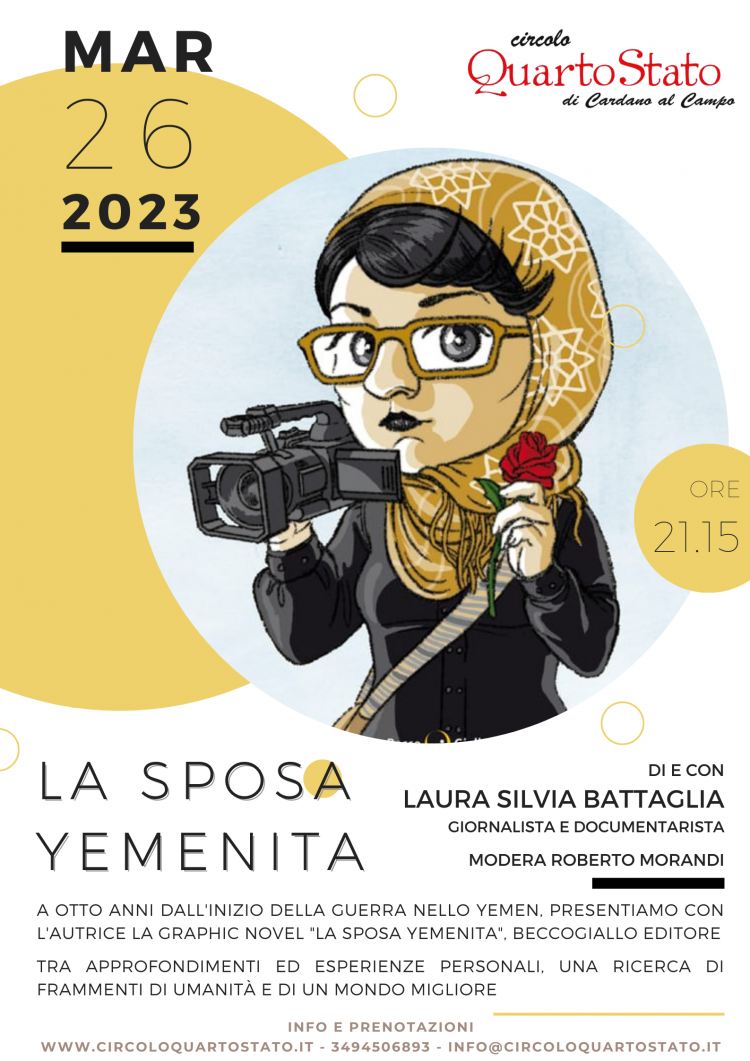 ⏰ domenica 26 marzo 🇾🇪 LA SPOSA YEMENITA, di e con Laura Silvia Battaglia A otto anni dall'inizio della guerra nello Yemen facciamo un focus sulla situazione partendo dalla graphic novel La Sposa Yemenita